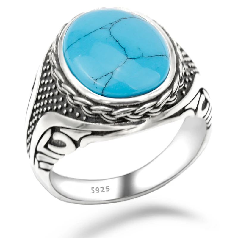 Hot Sale 925 Sterling Silver Ring Vintage Antique Natural Stone Ring Men\'s Punk Style Turquoise Ring High Jewelry Wedding Gift