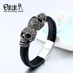 Beier 316L Stainless Steel Punk Double Skull Men's High Quality Leather Bracelet Party Fashion Jewelry LLBC-L024L