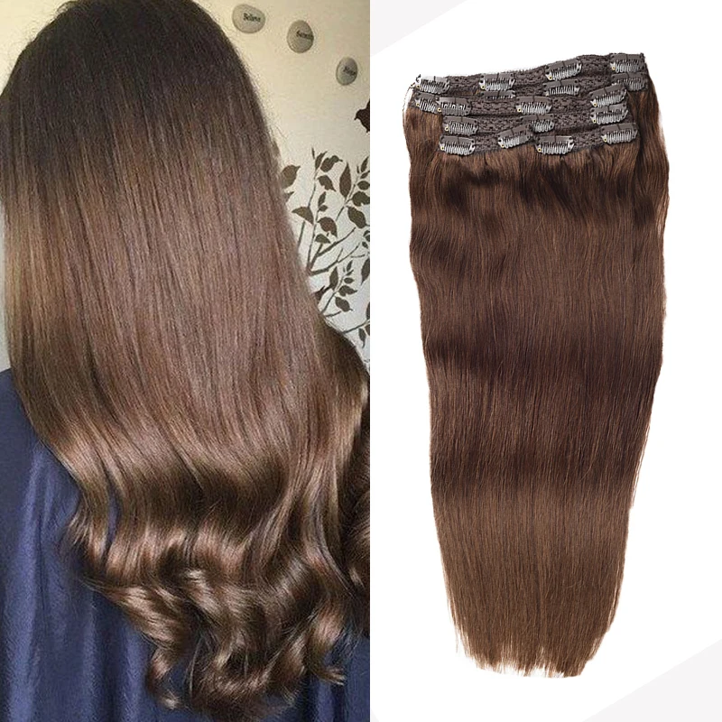 Toysww 6 개/대 클립 헤어 익스텐션 인간의 머리 Remy Hair Medium Brown Color #4 No Tangle 브라질 머리 100g 120g