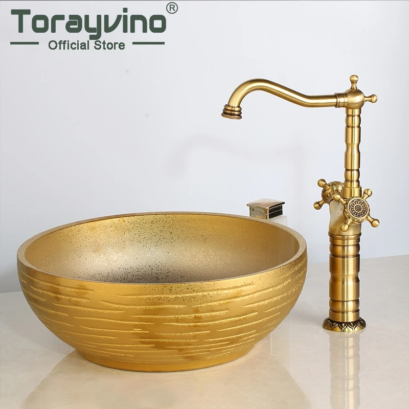 Torayvino Sink Set Bathroom Cuba Banheiro Basin With Faucet Antique Brass Bamboo Shape Tap Gold Round Basin Hot & Cold Mixer Tap