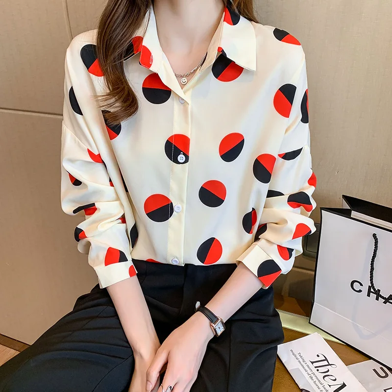 Women's Long Sleeve Shirt, French Fashion, Cotton Chiffon Top, Retro Wave Dot Printing, Niche, Hong Kong Style, Autumn, New