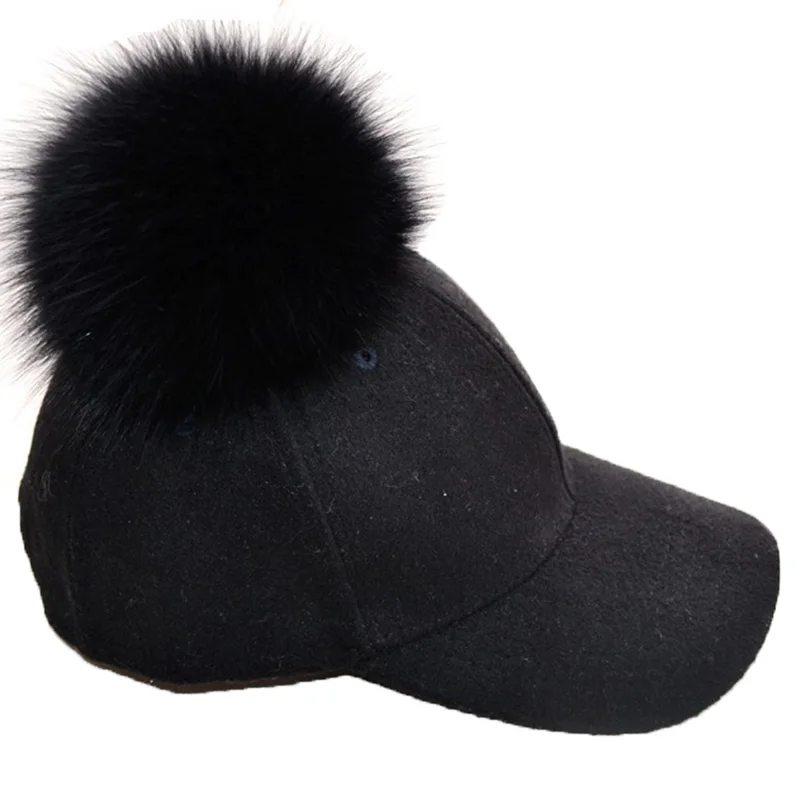 Fashion Fox Fur Pom Pom Wool Baseball Cap Blank Hat Solid Color Hats Cap Adjustable Warm Hat