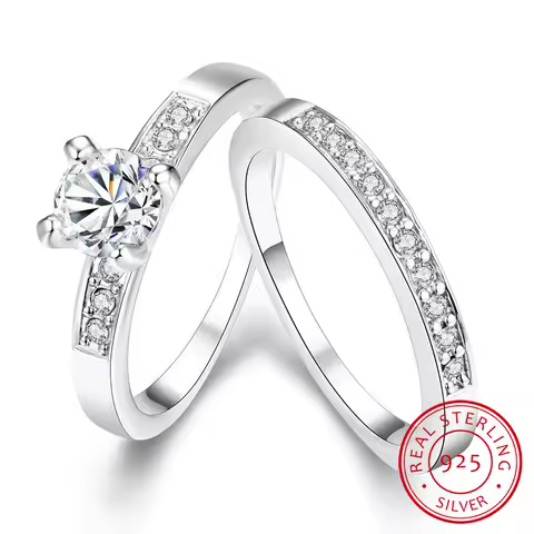 100% Real 925 Silver Rings For Women Simple Double Stackable Fine Jewelry Bridal Sets Ring Wedding Engagement Accessory
