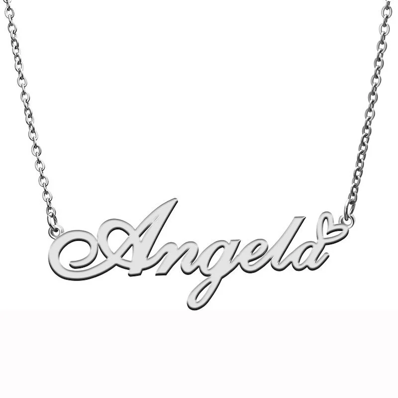 Angela with Love Heart Name Necklace for Women Stainless Steel Jewelry Nameplate Pendant Femme Mother Child Girls Gift