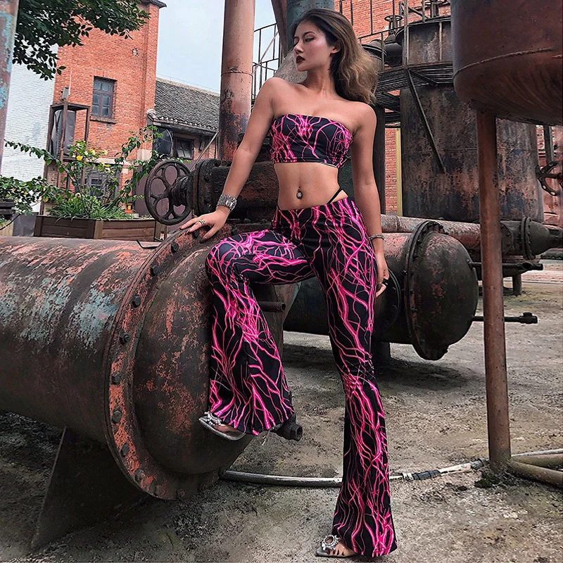 قطعتين مجموعة المرأة مثير المحاصيل الأعلى حمالة مضيئة السراويل واسعة الساق ملهى ليلي مهرجان ملابس 2 قطعة مجموعة كلوبوير الصيف #2