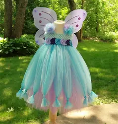 Girls Aqua Butterfly Fairy Flower Tutu Dress Kids Tulle Dress Ball Gown with Wing Children Christmas Party Cosplay Costume Dress