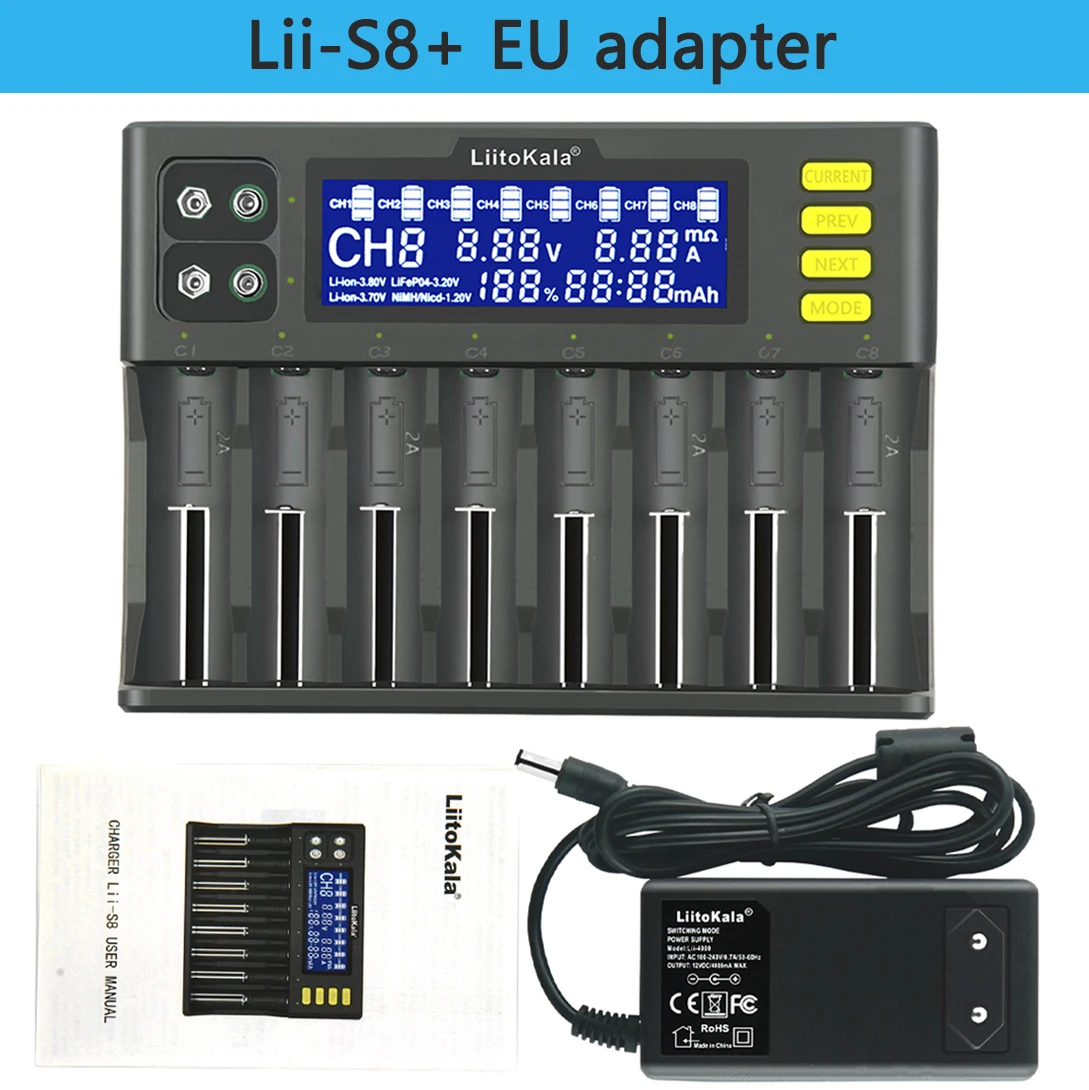 Liitokala Lii-S8 carregador de bateria li-ion 3.7v nimh 1.2v Li-FePO4 3.2v imr 3.8v carregador para 18650 26650 21700 26700 aa aaa