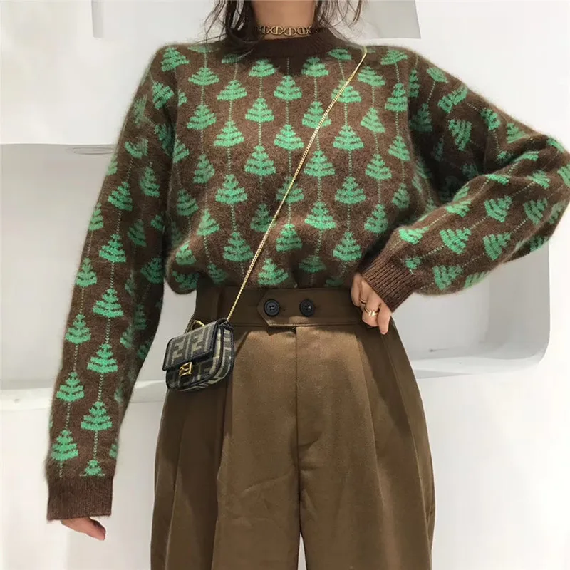 Women Pullover 2023 Fashion Overd Jumper Houndstooth Knitted Sweaters Vintage Long Sleeve Loose Female Pullovers Chic Tops