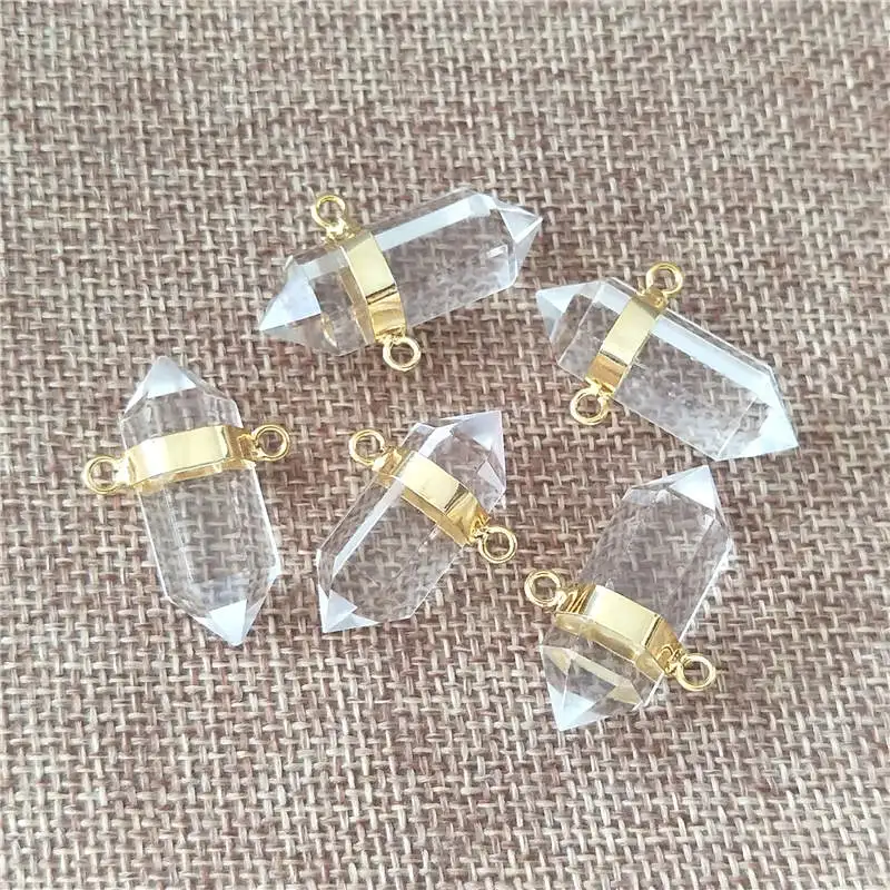 Imagem -05 - Fuwo-natural Crystal Quartz Ponto Pingente Dourado Double Bail Pedra de Cura Acessórios para Fazer Colar Pd379 Atacado Pcs