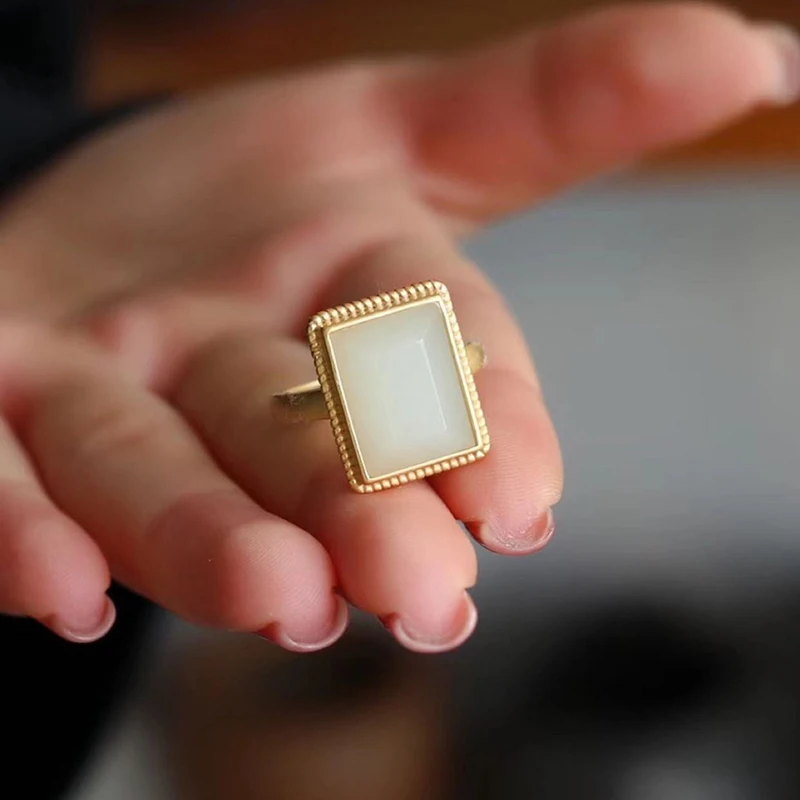 Natural Hetian White Jade Geometric Square Opening Adjustable Ring Chinese Style Retro Unique Ancient Gold Craft Women's Jewelry - view 4