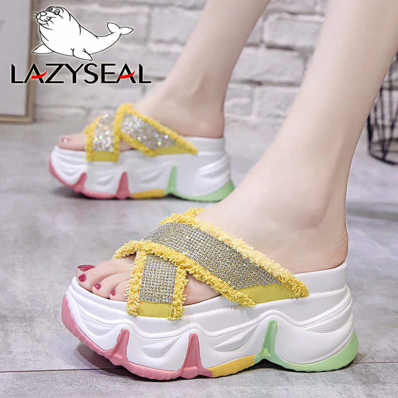 

LazySeal 8cm Chunky Wedge Heels Platform Women Sandals Crystals Summer Beach Woman slippers Thick Sole Mujer Footwear slides