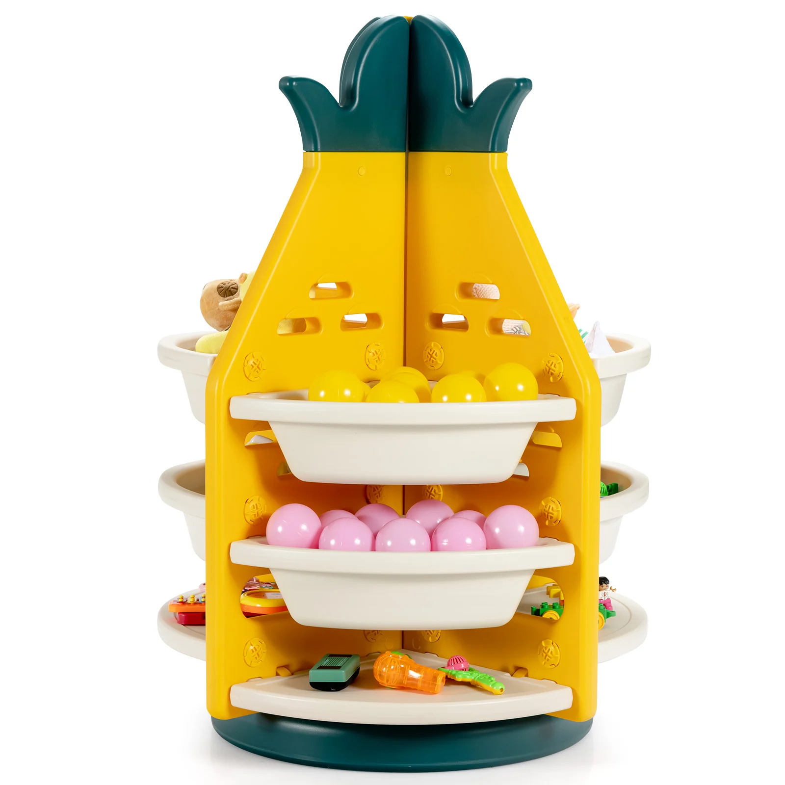 

Honeyjoy Kids Toy Storage Organizer 360°Revolving Pineapple Shelf w/Plastic Bins