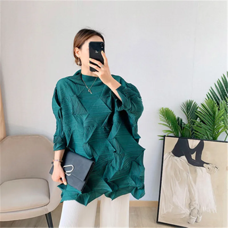 Miyake pleated diamond pleated tops women's summer new messy pleated wide version T-shirt loose large size mid-length all-match