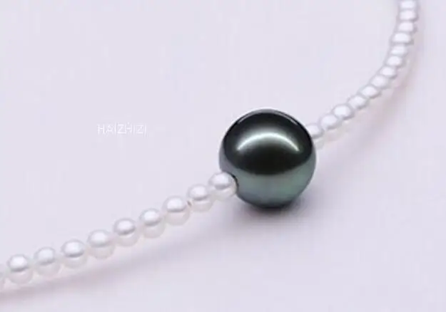 

18"AAA 9mm natural tahitian black south sea white pearl necklace 925silver