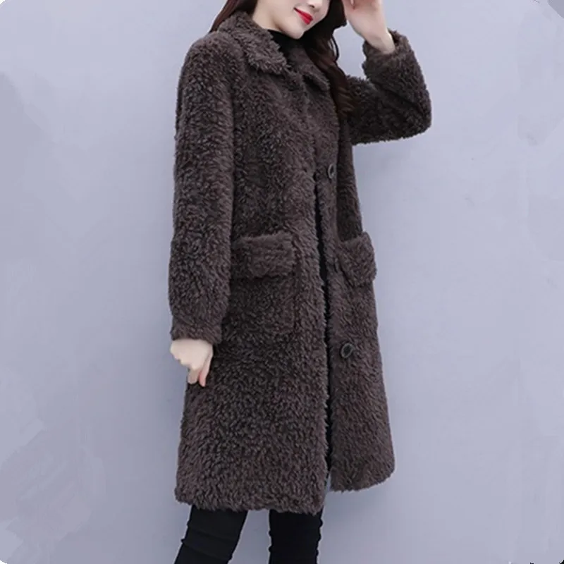 UHYTGF Elegant Mother Winter Fur Jacket Fashion Single-Breasted Loose Big Size Coat Mid-Length Casual Warm Women Outerwear 1994