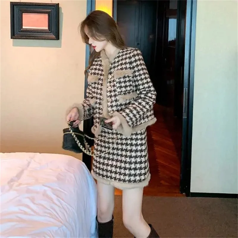 

Houndstooth Western Style Jacket Autumn Winter 2021 New Style Small Little Fragrance Long-sleeved Tops Fashion Two-Piece Suit M1