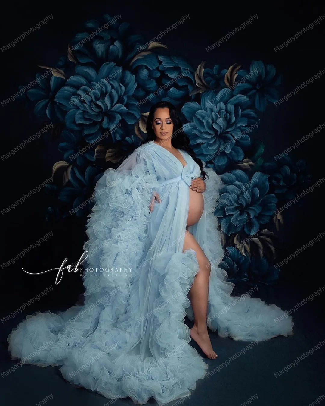 Imagem -05 - Roupão de Tule Longo Luxuoso Azul-celeste Vestidos de Maternidade para Sessão de Fotos com Babados Verdes para Mulheres Grávidas