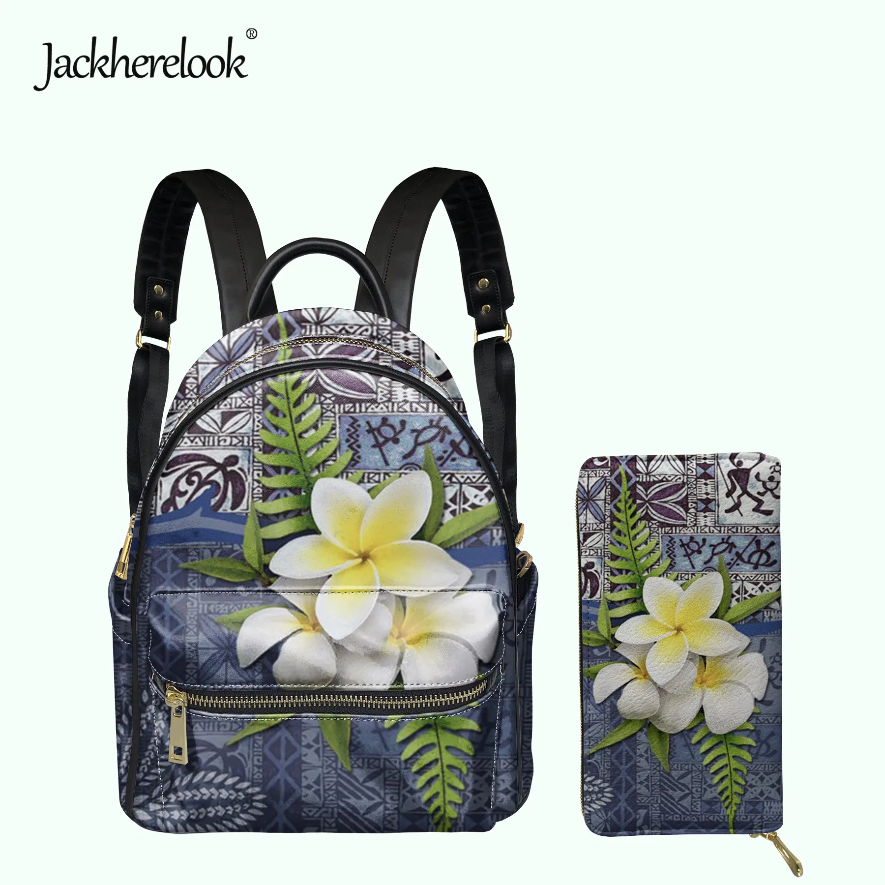 Jackherelook Hawaiian Samoan Polynesian Foral Print Women PU Mini Backpack Clutch Wallet 2pcs/Set Girls Small Campus Schoolbag