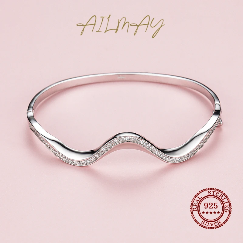 Ailmay Solid 925 Sterling Silver Irregular New Fashion Simple Wave Line Bracelets Clear Zircon Europe Wedding Engagement Jewelry