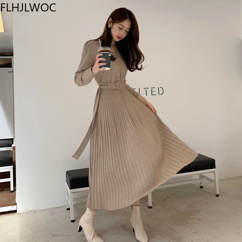 Chic Korea Feminine Vestidos Hot Sales Women Fashion Elegant Lady Turtleneck Belt Knitted Sweater Shirt Dress