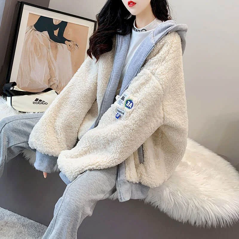 Loose Lazy Style Lamb Wool Cardigan Sweater Jacket Women 2024 New Autumn And Winter Wild Plus Velvet Padded Top Tide Stitching