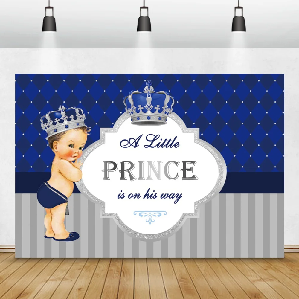 Laeacco Birthday Photography Backgrounds Blue Headboard Curtain Crown Prince Custom Photo Backdrops Baby Shower Photocall Banner