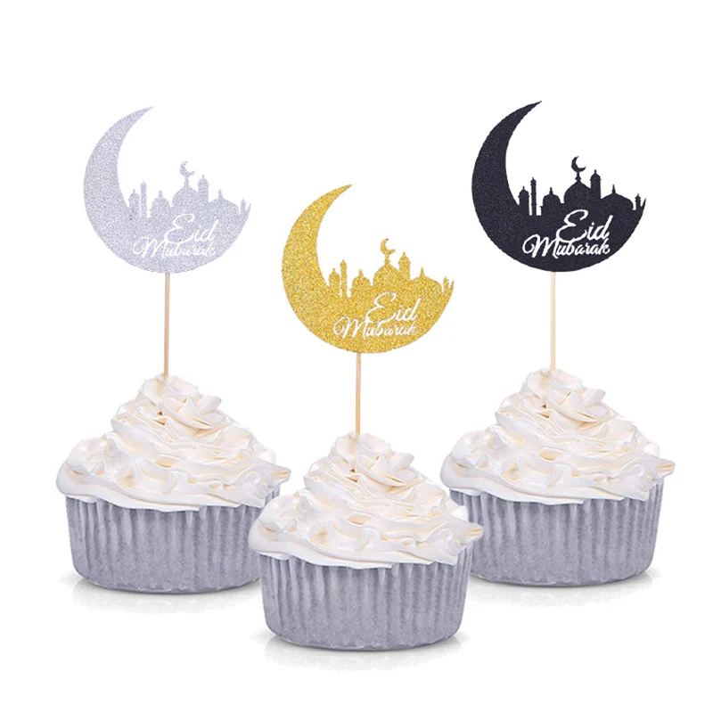 Gold Silver Glitter Eid Mubarak Cupcake Toppers EID Ramadan Festival Bunting Islamic Muslim Mubarak Party Decoration