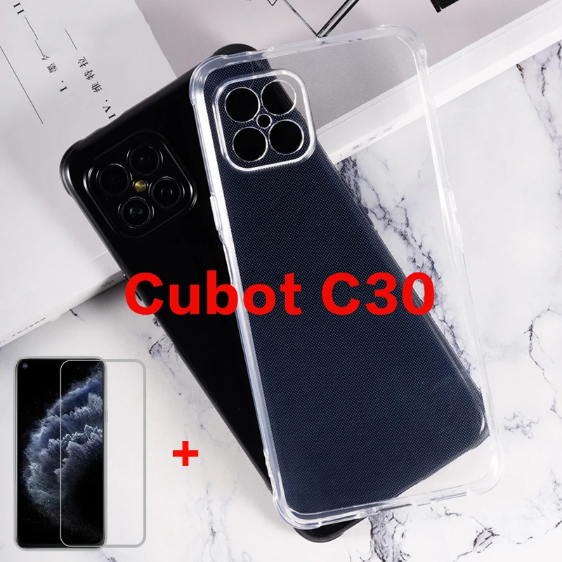 Soft Black TPU Case For Cubot C30 Funda Transparent Phone Case For CubotC30 C 30 Cover With Temepred Glass on Cubot C30 Pelicula