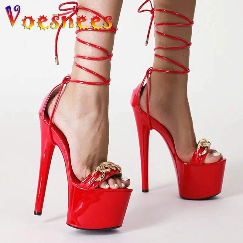 Women One Word Chain Design Platform Sandals New Arrival 2022 Summer High Heels 17CM Sexy Ankle Lace Up Nightclub Stiletto Shoes