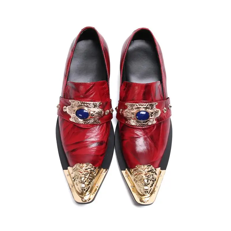 Luxury Metal Pointed Toe Red Wedding Shoes Men Leisure Party Dress Shoes Genuine Leather Slip On Mens Career Work Shoes Size 46