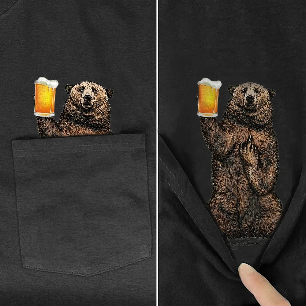 T Shirt Fashion Brand summer pocket funny Beer bear printed t-shirt men for women shirts Hip hop tops black cotton tees