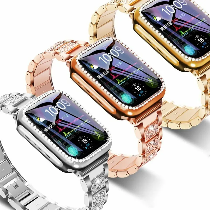 

For Apple Watch Series 7 6 5 4 3 Bling Diamond Stainless Steel Wrist Band Strap+3D Case