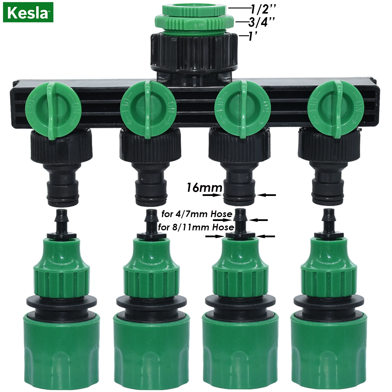 KESLA Garden Watering Drip Irrigation 4-way Tap Hose Splitter for 4/7 & 8/11mm Hose Pipe Quick Connectors for Greenhouse Flowers