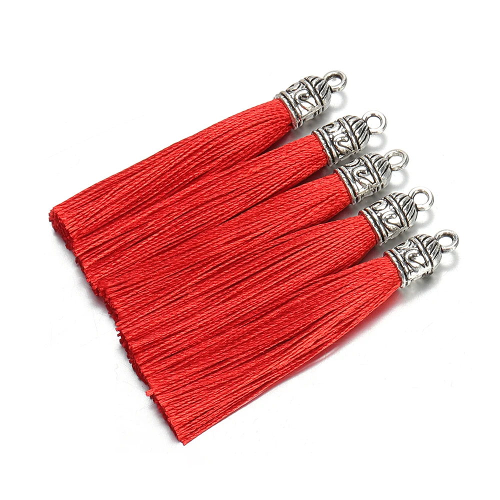 10Pcs 6cm Silk Tassel Charms Brush Tassels With Antique Silver Caps For DIY Jewelry Making Handmade Earrings Pendant Accessories