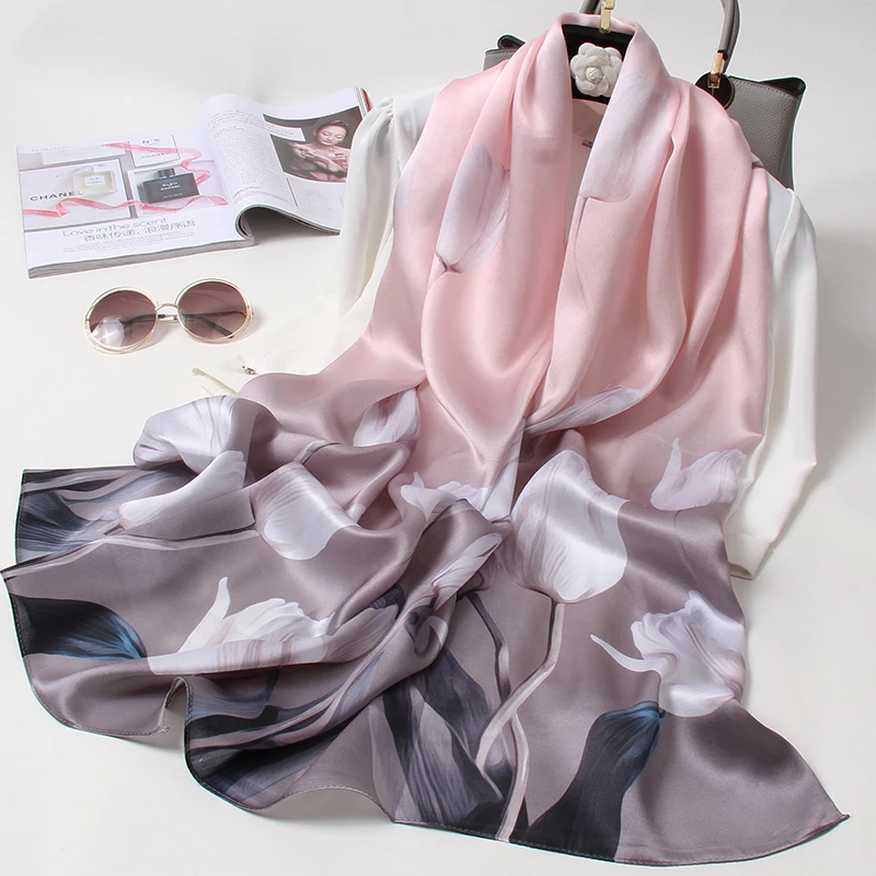 100% Real Silk Scarf Women Luxury Handkerchief Neckscarf Printed Hangzhou Natural Silk Shawl Soft Long Headscarf Foulard Femme