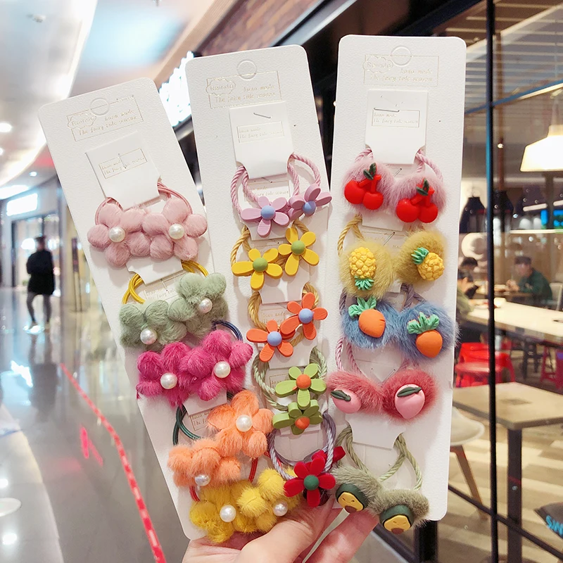 2/6/10Pcs/Set Children Cute Cartoon Fresh Fruit Flower Elastic Hair Bands Girls Wool Rubber Bands Scrunche Kids Hair Accessories