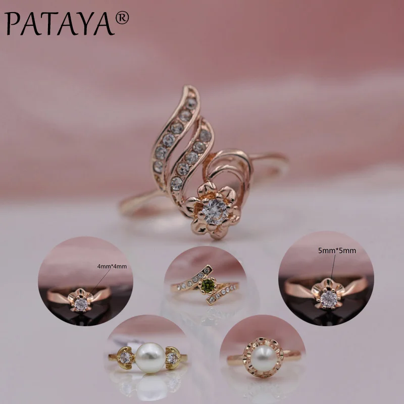 11.11 PATAYA New Special Price Women Daily Rings 585 Rose Gold Color Natural Zircon Wedding Fashion Jewelry White Pearls Rings