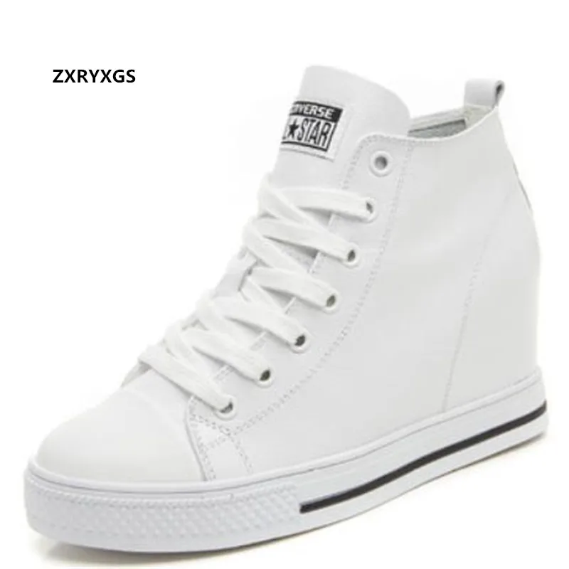 ZXRYXGS 2024 Spring Lace-up High-top Genuine Leather Shoes Women Sneaker Shoes High Heels Increase Within Wedges Casual Shoes