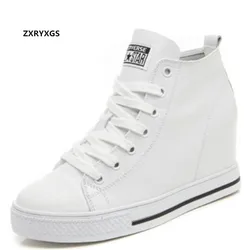 ZXRYXGS 2024 Spring Lace-up High-top Genuine Leather Shoes Women Sneaker Shoes High Heels Increase Within Wedges Casual Shoes