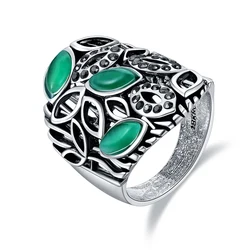 Ajojewel Hollow Plant Leave Vintage Rings Green Stone Woman Jewelry Retro Accessories