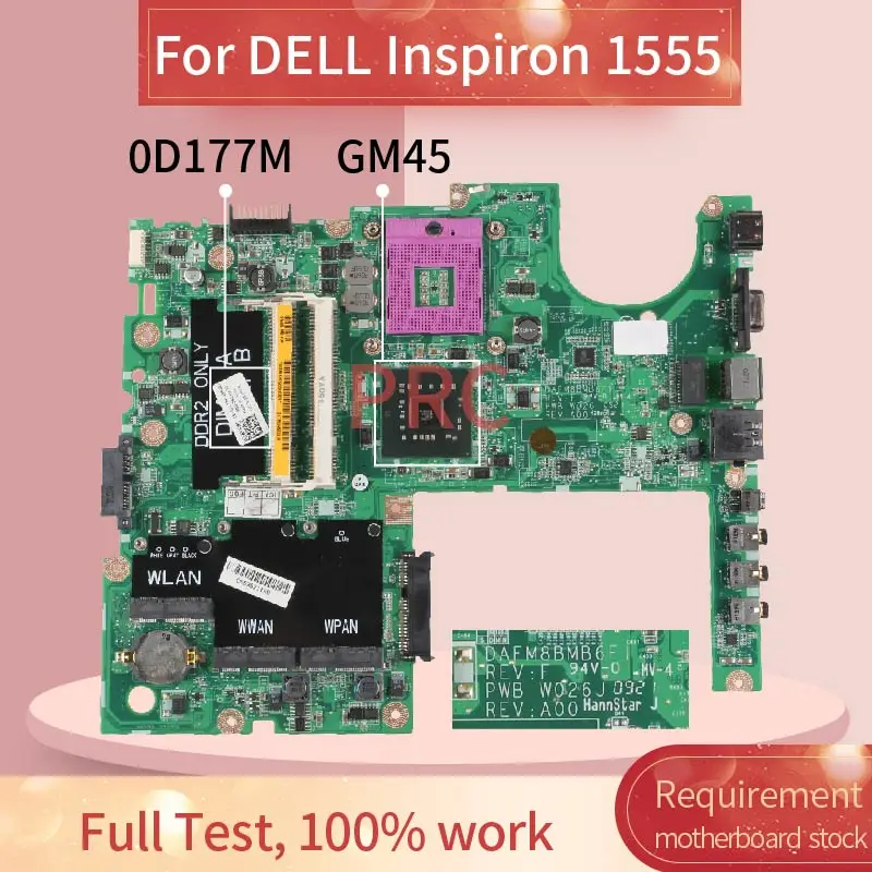 

CN-0D177M 0D177M D177M For DELL 1555 Notebook motherboard DAFM8BMB6F1 GM45 DDR3 Mainboard full test 100% work