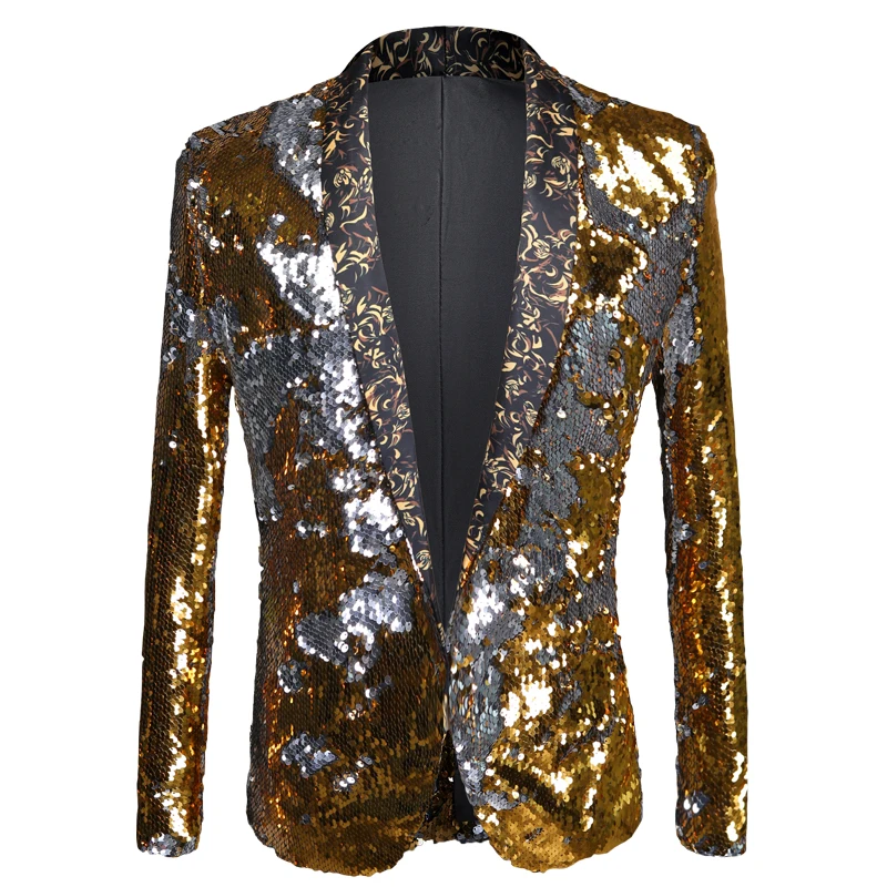 Autumn and winter new men\'s two-color sequins slim suit stage costume nightclub bar DJ singer blazer performance clothing