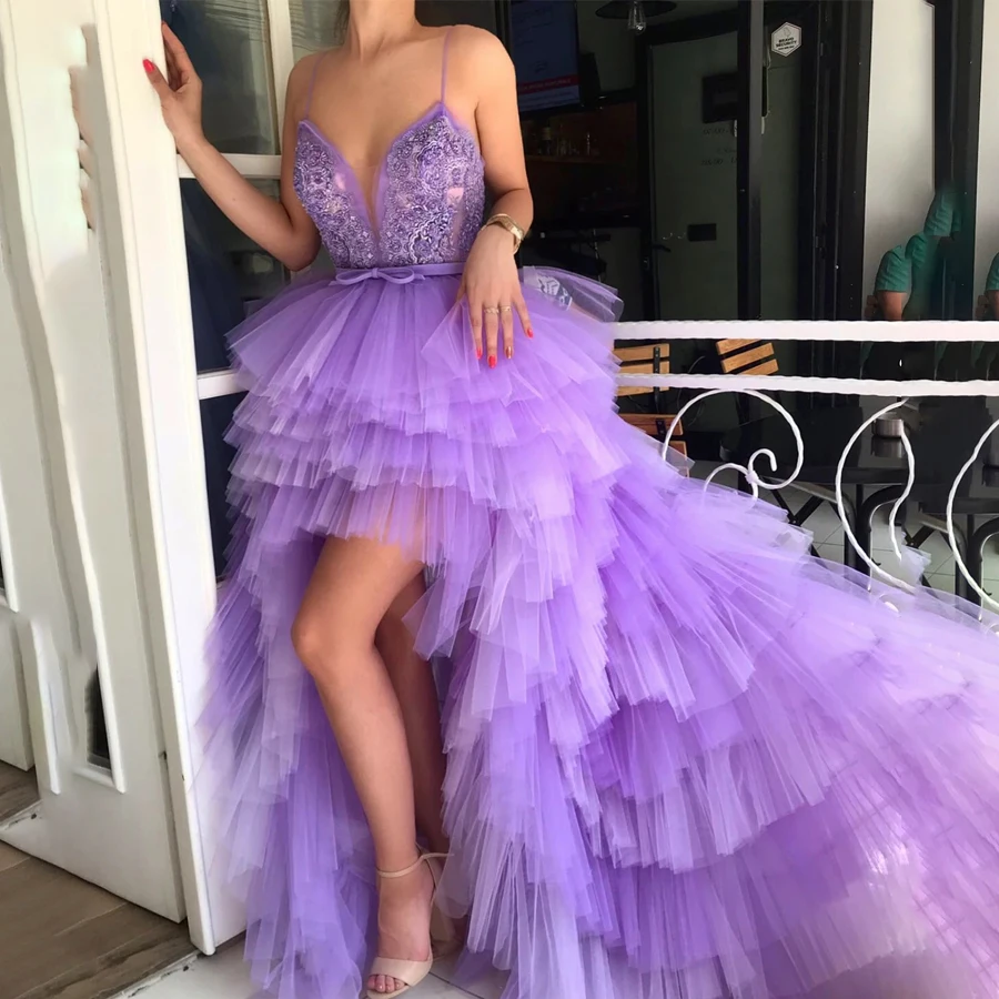 

Spaghetti Straps Purple Tulle Front Short Long Back Ruffled Tulle Prom Dress High Low Evening Gownvestido de gala