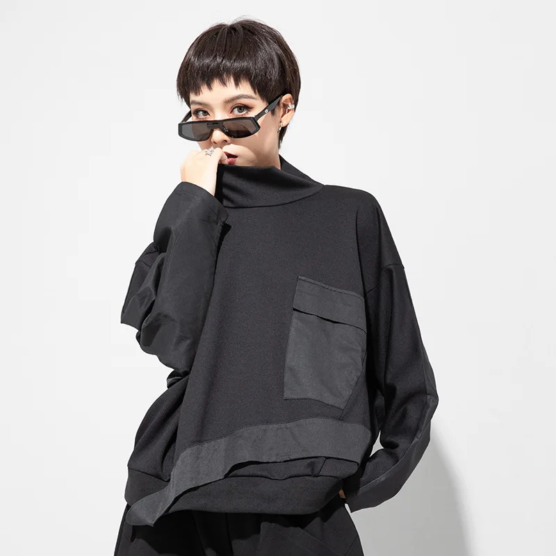 Women's Long Sleeve Spring And Autumn New Personality Stitching Half High Neck T-Shirt Dark Loose Hip Hop Long Sleeve T-Shirt