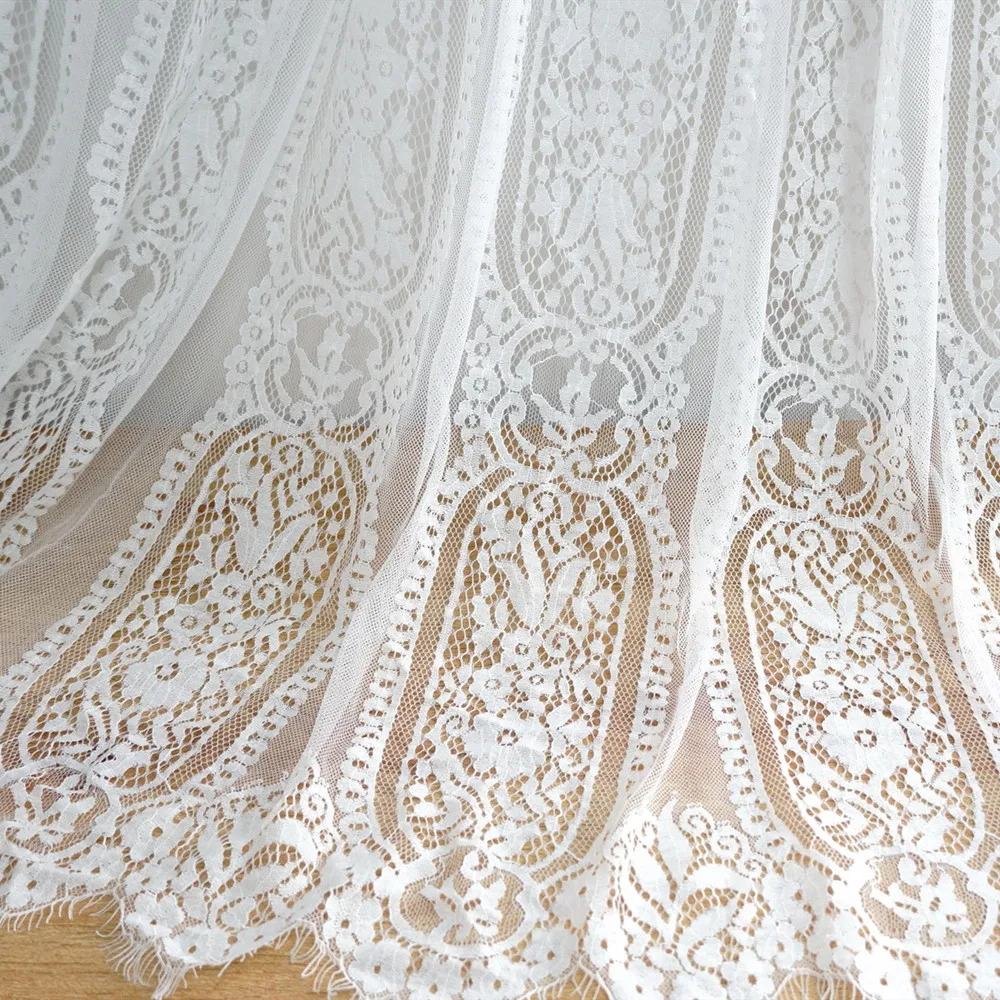 

White Embroidered French Chantilly Eyelash Lace Fabric With Stripe Embroidery Motif DIY Sewing Craft Accessories Dress Material