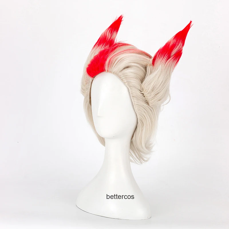 LOL Rakan-Peluca de cabello sintético resistente al calor, peluca de cabello sintético de color rojo mezclado de plata de 30cm, gorro de peluca y dos orejas