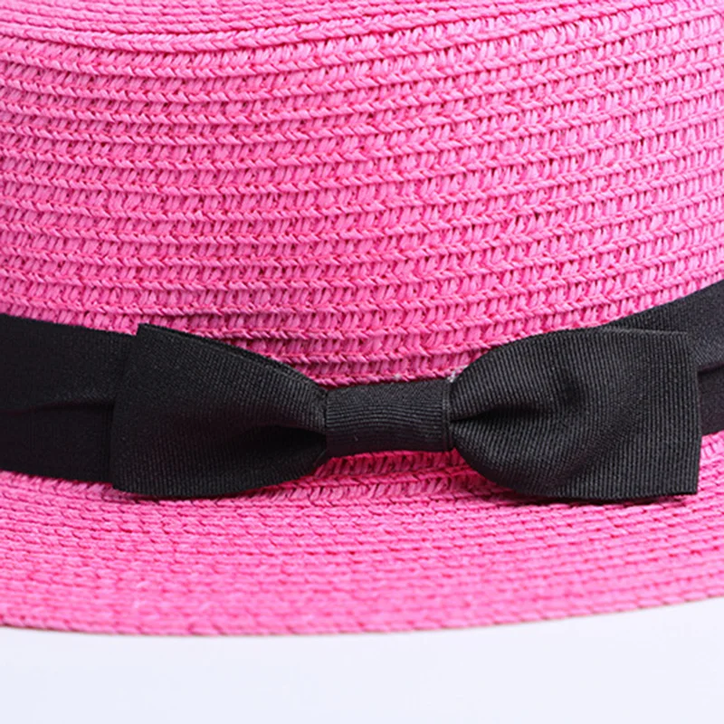 Chapeau de paille plat pour parents et enfants, vente en gros, chapeau de soleil, canotier, nœud papillon, chapeaux d\'été pour femmes, enfants et