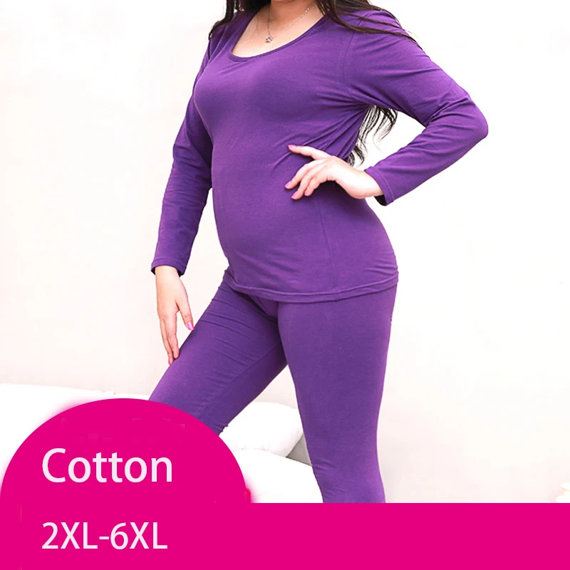 Women autumn winter  plus large big size cotton thermal underwear set long johns top and bottoms 2XL-6XL