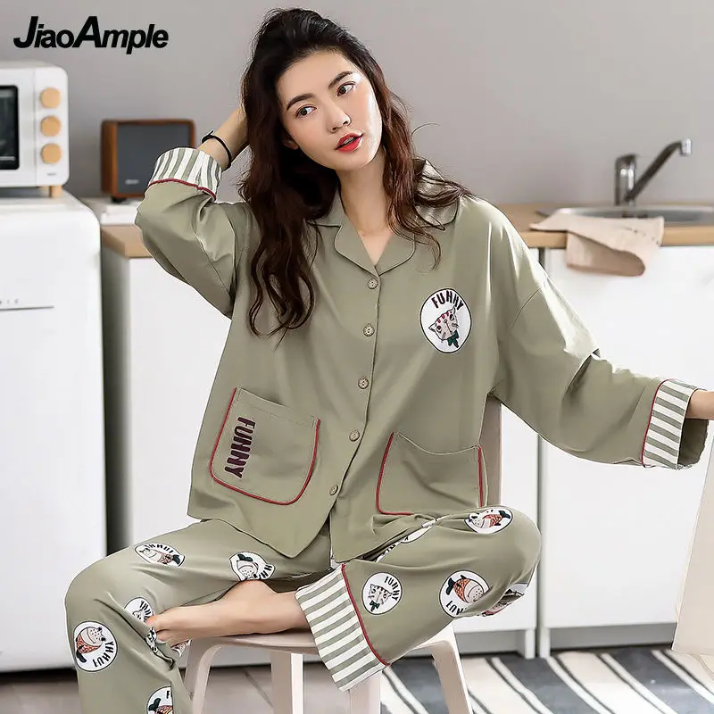 Women's Cotton Pajamas 2022 Spring Autumn Print Casual Pijamas Set Female Cardigan Sleepwear Cute Nightwear Home Clothes Suits