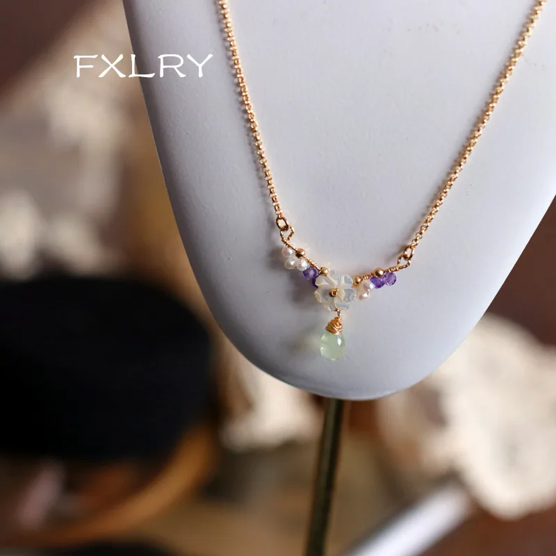 

FXLRY Elegant Handmade Freshwater Pearl Grape Stone Pendant Summer Necklace For Women Fashion Jewelry